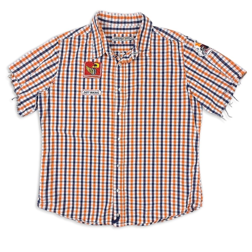 Paper Denim Cloth Shirt Men XL Orange Grunge Biker Cutoff Pearl Snap Patch Plaid
